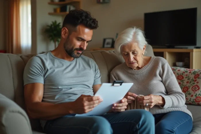 Jeune adulte vivant chez ses parents qui examine les plafonds de l'AAH 2026 dans un salon familial