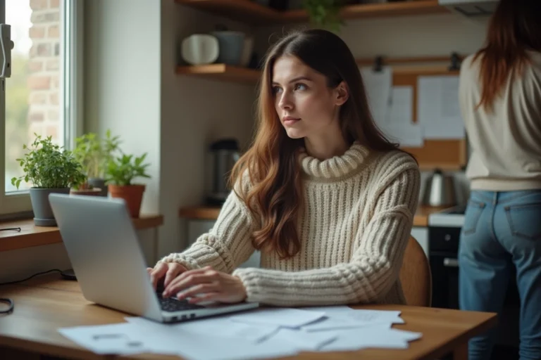 Jeune femme en colocation consultant des documents administratifs sur l'AAH 2026 à une table de cuisine partagée
