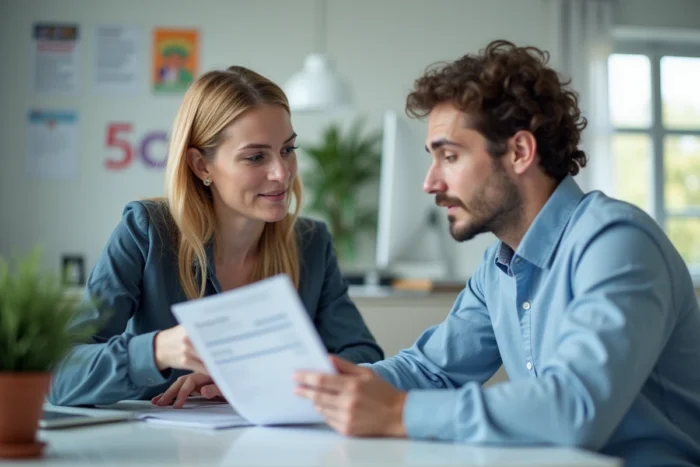 Accompagnatrice expliquant une fiche de paie à un travailleur en ESAT dans un bureau administratif, contexte du salaire et de la rémunération garantie en France