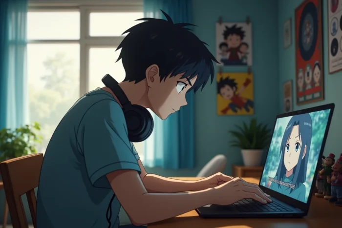 Adolescent regardant un anime en streaming sur son ordinateur portable dans sa chambre