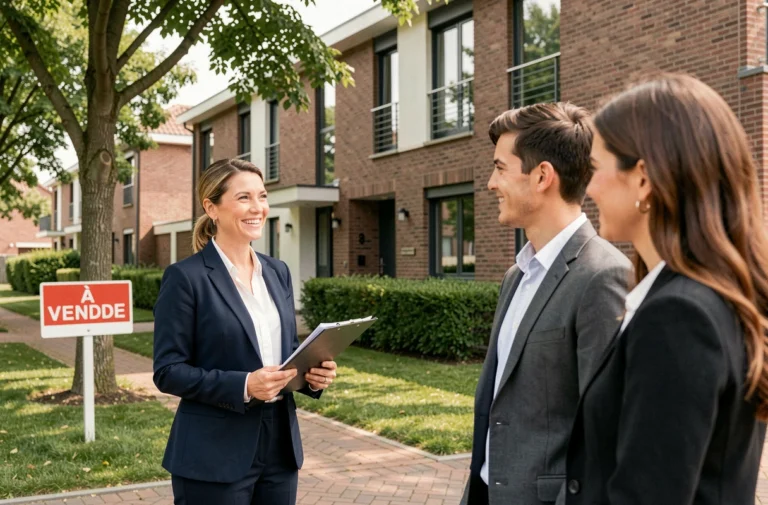 Agent immobilière présentant une maison à vendre à un couple devant une propriété résidentielle moderne