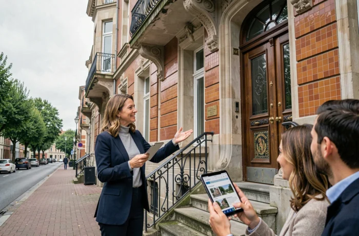 Agente immobilière présentant une maison Art Nouveau à Liège à un couple d'acheteurs potentiels lors d'une visite immobilière