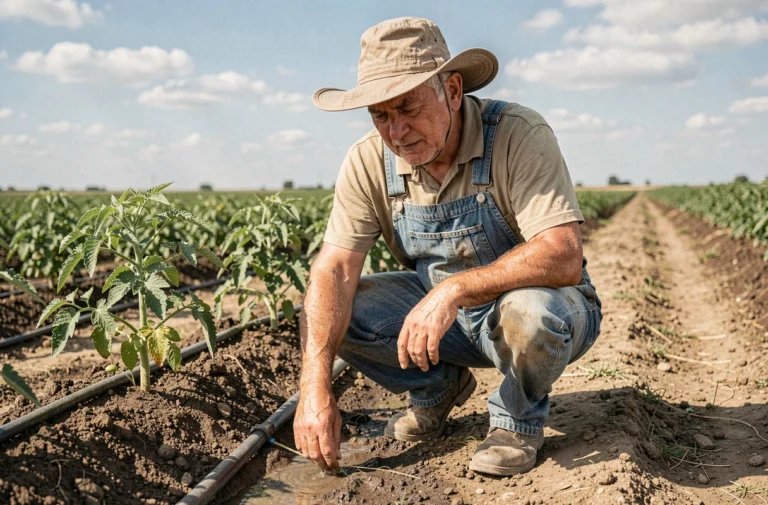 Agriculteur inspectant l'irrigation goutte-à-goutte de ses cultures de tomates en plein soleil dans un champ agricole