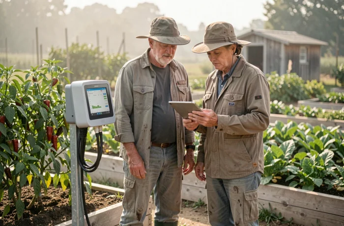 Deux agriculteurs consultant des données d'irrigation sur tablette devant un panneau de contrôle solaire dans un jardin maraîcher ensoleillé
