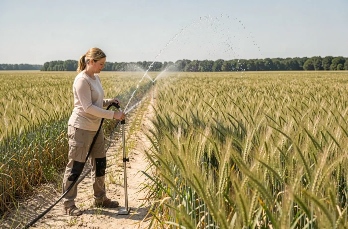 Agricultrice réglant un système d'asperseurs dans un champ de blé arrosé en pleine journée sous un ciel dégagé
