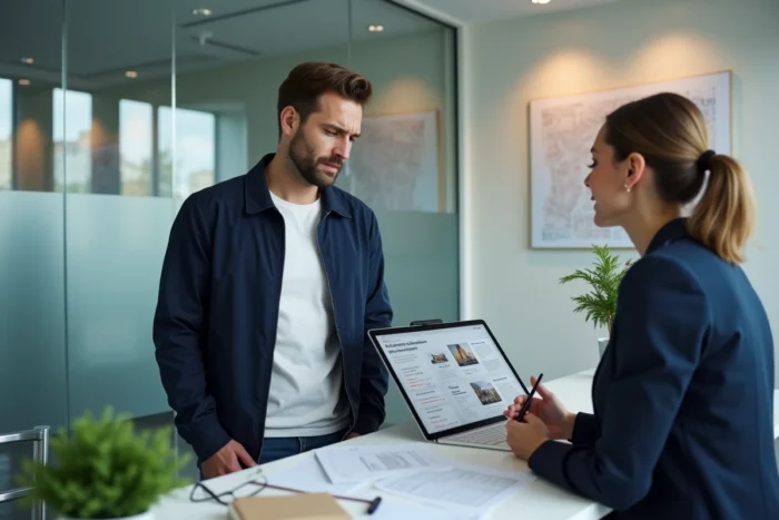 Locataire discutant d'alternatives à la garantie Visale avec un conseiller immobilier dans une agence moderne