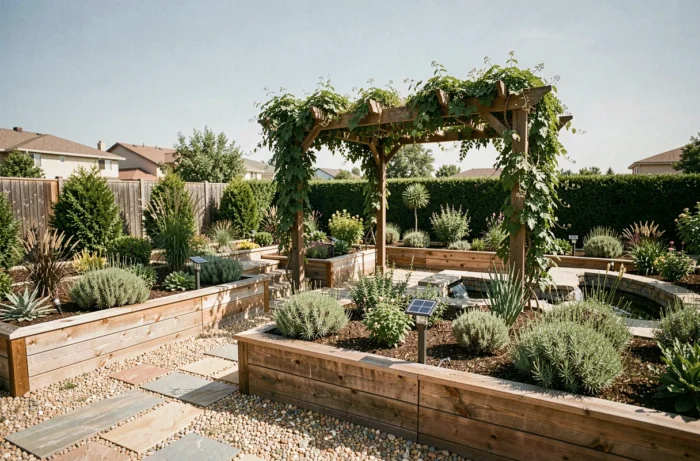 Vue d'ensemble d'un jardin résidentiel aménagé avec créativité, alliant paillage, pergola végétalisée, potager surélevé et chemin en pierre