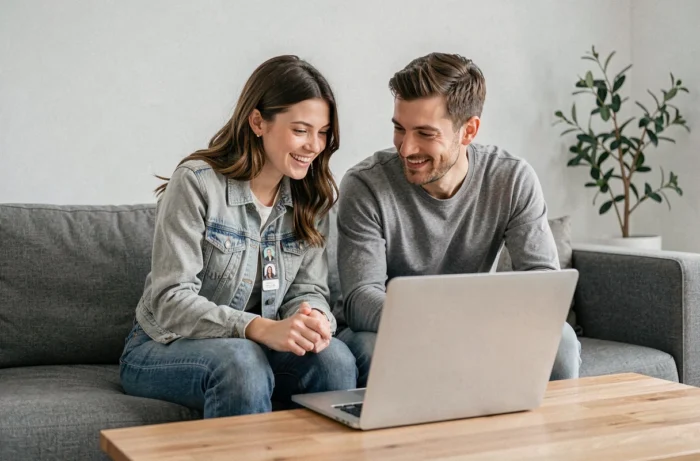 Deux amis découvrant ensemble les fonctionnalités de présentation du site de rencontres Pucker Up sur un ordinateur portable