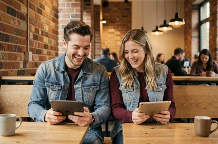 Deux amis jouant à des jeux en ligne sur tablette dans un café urbain moderne