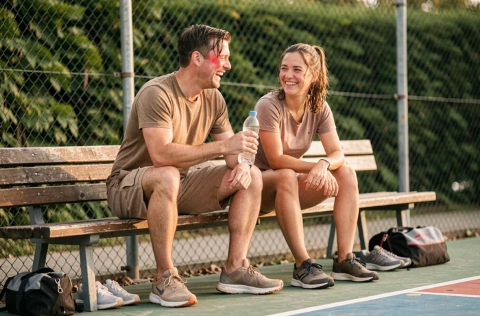 Deux amis sportifs qui se reposent et partagent un moment de convivialité après une séance d'entraînement en plein air