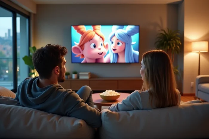 Deux amis adultes regardant une série animée en streaming ensemble dans un appartement moderne