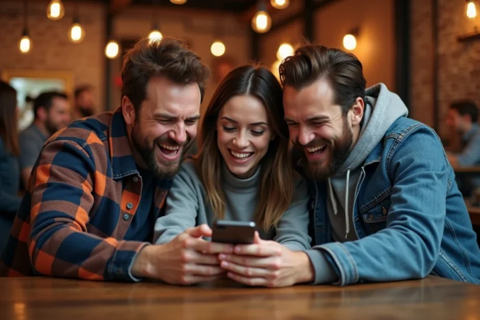 Groupe d'amis qui rient ensemble autour d'un smartphone regardant des vidéos virales et divertissantes