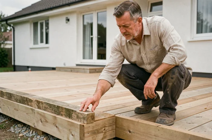 Artisan examinant les planches d'une terrasse en bois en cours d'installation devant une maison résidentielle