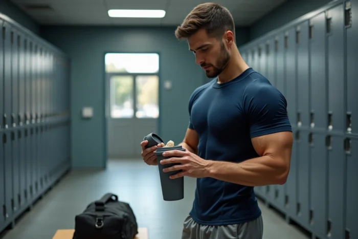 Athlète masculin préparant un shaker de protéines après l'entraînement dans un vestiaire de salle de sport