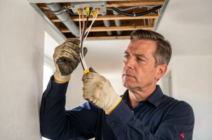 Électricien connectant un fil blanc neutre et un fil noir de phase dans un boîtier de plafond lors du branchement d'un luminaire