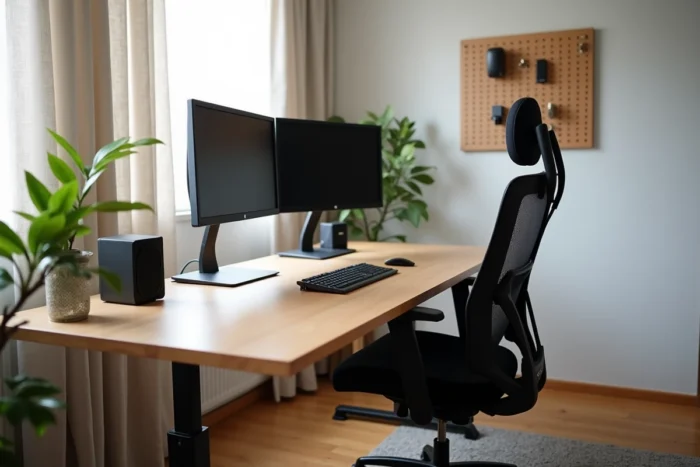 Bureau à domicile ergonomique avec bureau assis-debout, double écran et chaise ergonomique en maille