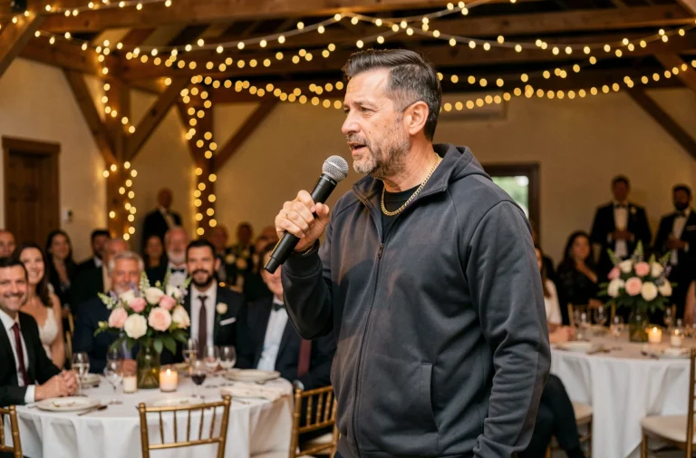 Chanteur de rap sur scène lors d'une réception de mariage avec décoration florale et guirlandes lumineuses