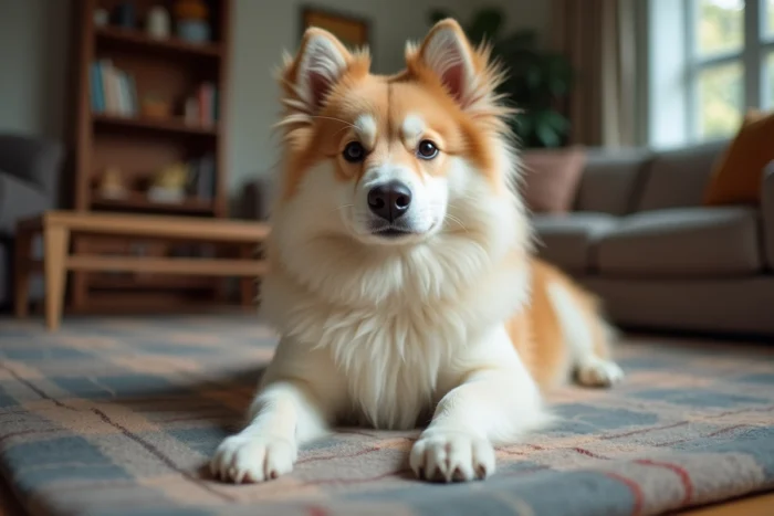 Chien enjoyphoenix allongé sur une couverture en laine dans un salon cosy, regard expressif et tête légèrement inclinée