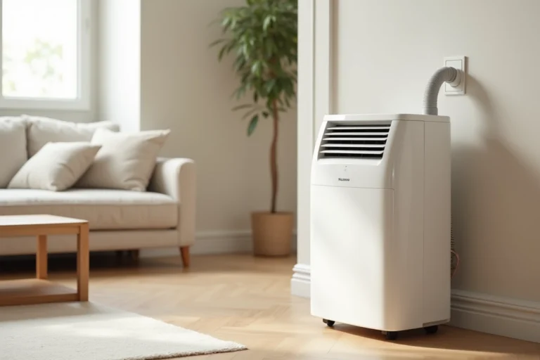Climatiseur mobile Valberg positionné dans un salon moderne avec tuyau d'évacuation raccordé à une fenêtre