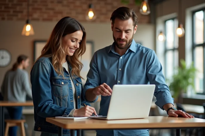 Deux collègues en espace de coworking analysant ensemble un tableau de bord numérique pour comparer les fonctionnalités d'un extranet et d'un espace client