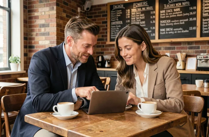 Deux collègues jouant à Cemantix ensemble sur une tablette dans un café