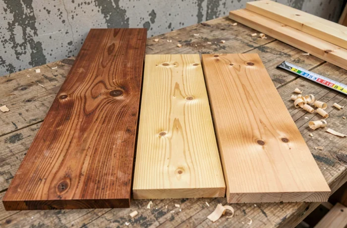 Comparaison de trois échantillons de bois pour terrasse, ipe, pin et cèdre, posés côte à côte sur un établi