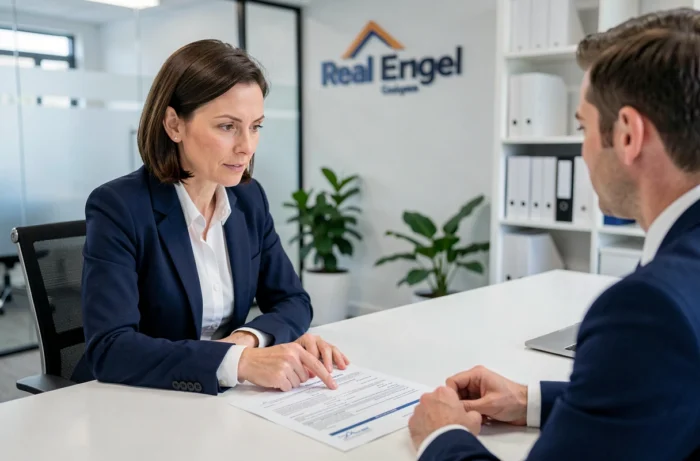 Conseillère en assurance expliquant un contrat de prêt immobilier à un client en agence