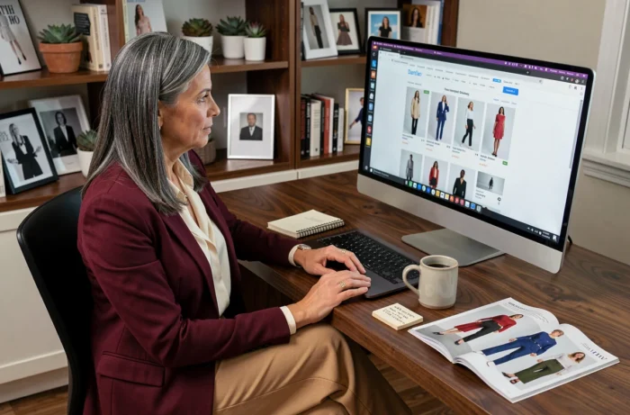 Femme élégante en blazer bordeaux consultant des tendances shopping en ligne sur son ordinateur dans un bureau à domicile stylé