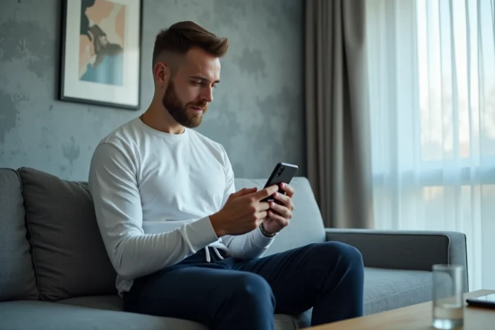 Homme vérifiant les invitations envoyées sur Instagram assis dans un salon minimaliste moderne
