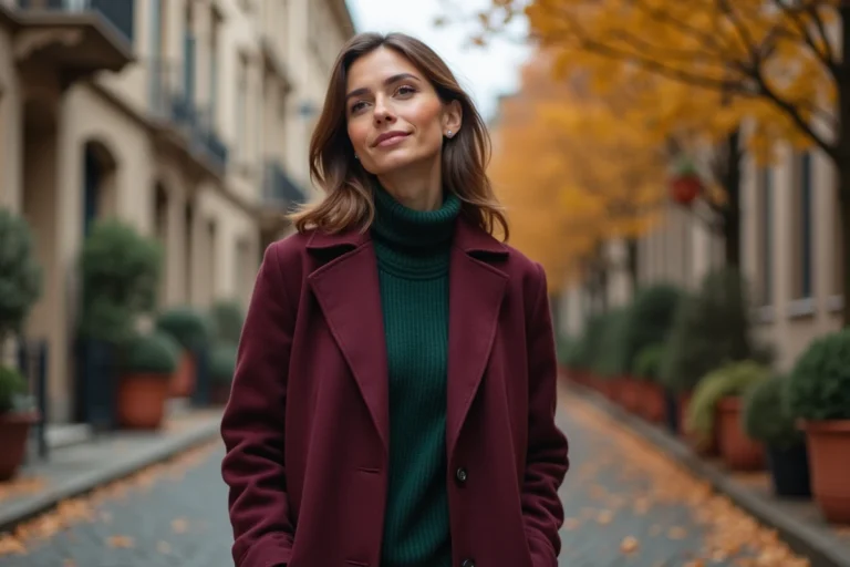 Femme portant un manteau bordeaux et pull col roulé vert forêt dans une rue pavée aux couleurs d'automne 2025