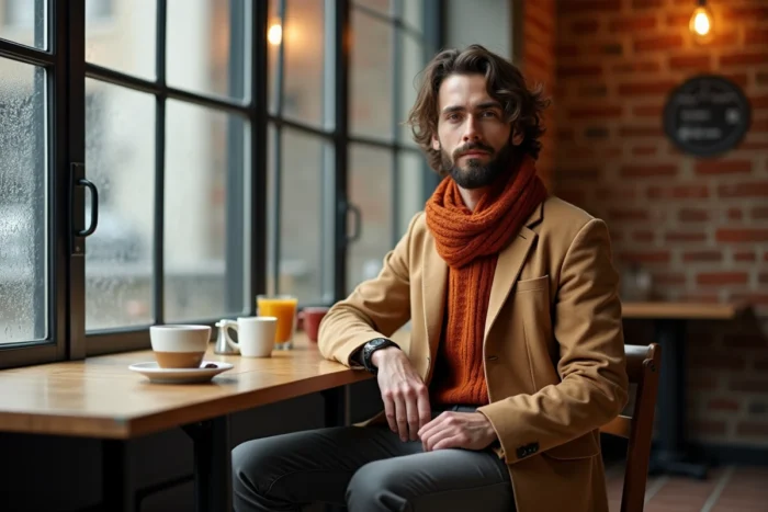 Homme en blazer camel et écharpe rouille assis dans un café cosy, palette de couleurs tendance automne hiver 2025