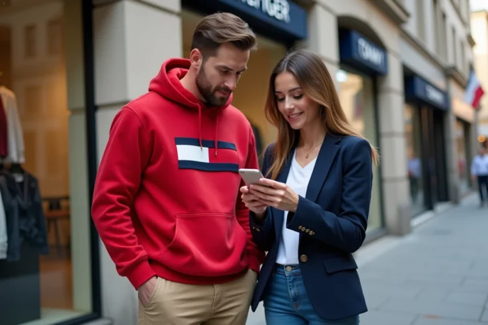 Couple devant une boutique Tommy Hilfiger vérifiant les tailles sur smartphone avant un achat