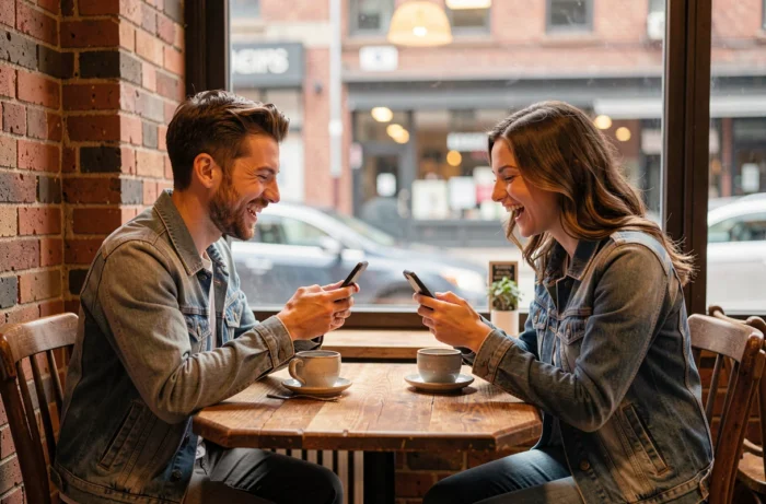 Couple dans un café qui échange des messages romantiques avec des emojis sur leurs smartphones en riant