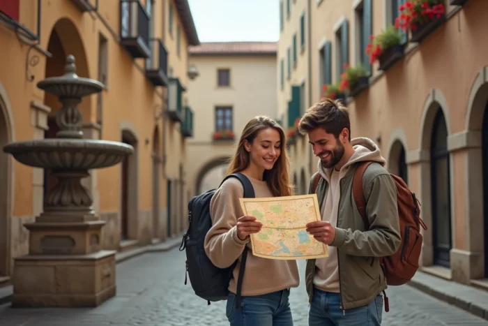 Couple lisant une carte en papier dans une ruelle pavée d'une vieille ville européenne lors d'un voyage de découverte