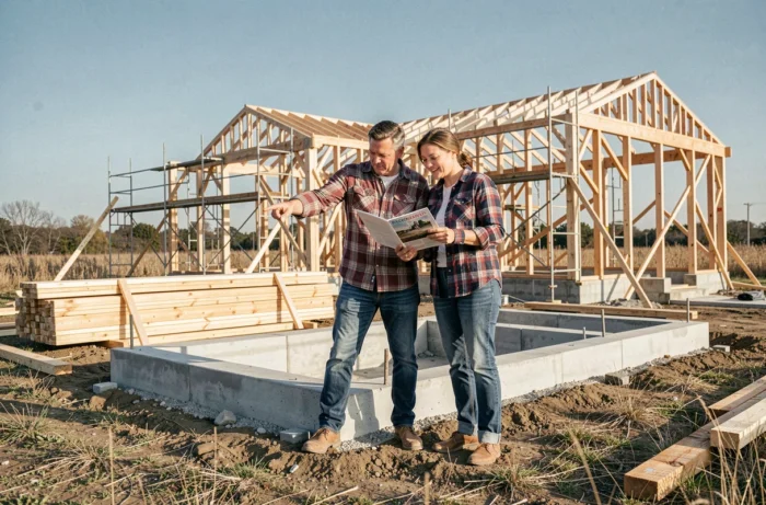 Couple examinant les plans de leur future maison sur un chantier de construction résidentiel