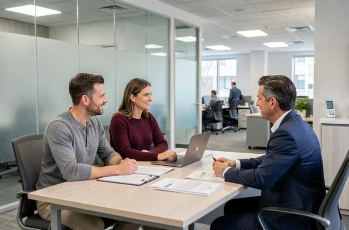 Couple en consultation avec un conseiller bancaire pour étudier les options de crédit adaptées à leur projet financier