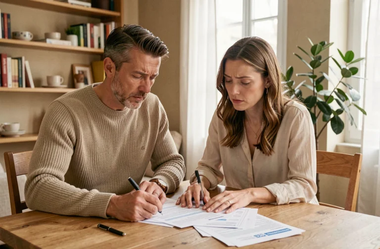 Couple examinant des documents d'assurance de prêt immobilier à leur table à domicile
