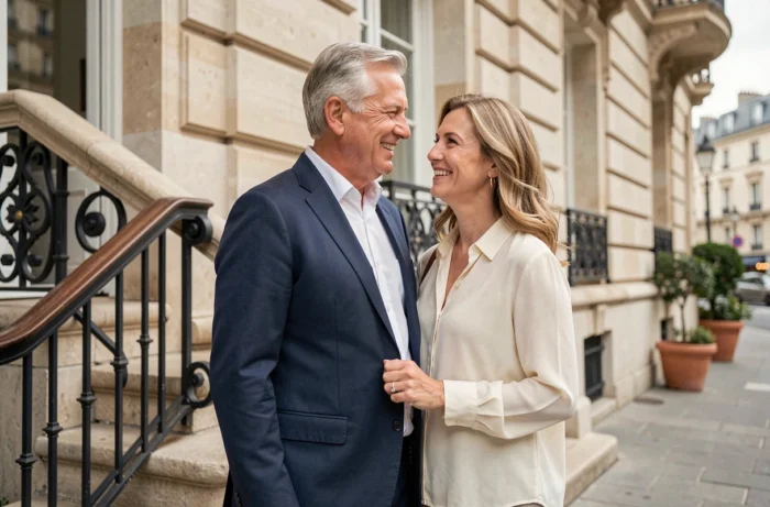 Couple élégant dans la cinquantaine posant devant un immeuble haussmannien parisien, sourires naturels et tenue soignée