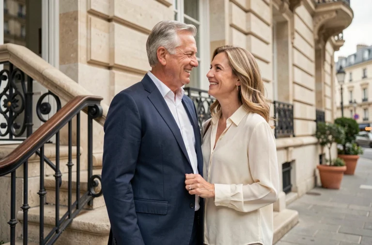 Couple élégant dans la cinquantaine posant devant un immeuble haussmannien parisien, sourires naturels et tenue soignée