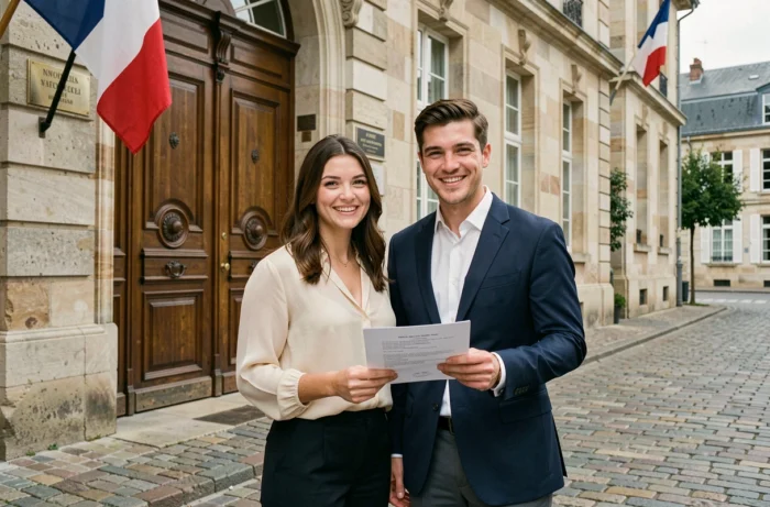 Jeune couple tenant des documents officiels devant une mairie française après la signature de leur union légale selon l'article 515-5 du code civil