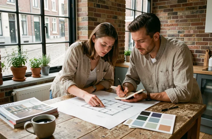 Couple belge en train d'étudier des plans architecturaux pour leur projet immobilier dans une maison de ville rénovée à Bruxelles