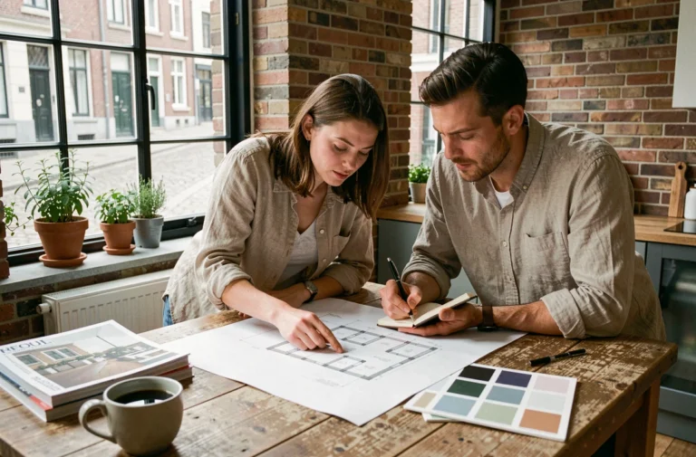 Couple belge en train d'étudier des plans architecturaux pour leur projet immobilier dans une maison de ville rénovée à Bruxelles