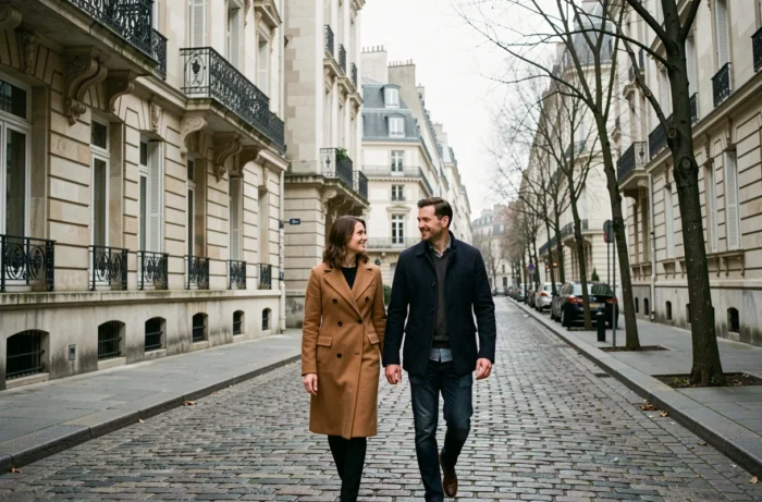Couple se promenant sur une rue pavée parisienne, symbole de complicité et de préservation de l'intimité dans une relation