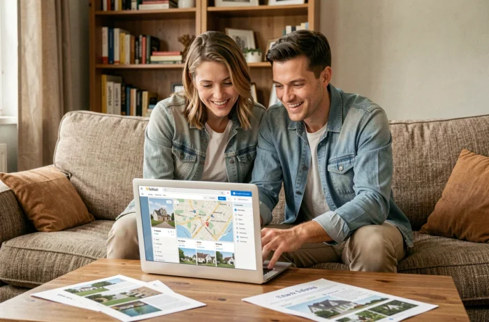 Couple cherchant des biens immobiliers en ligne ensemble sur un canapé dans un salon chaleureux
