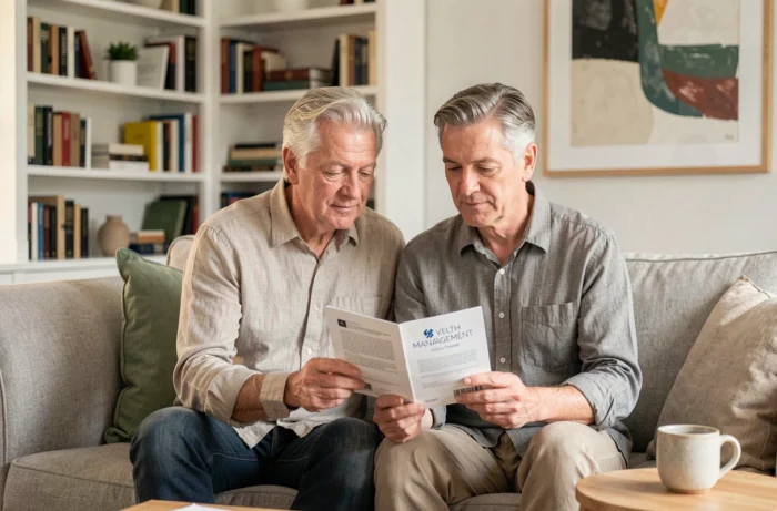 Couple de retraités consultant un plan de gestion de patrimoine personnalisé à domicile