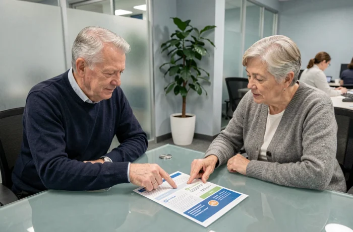Couple de seniors consultant un conseiller en mutuelle santé dans une agence d'assurance professionnelle