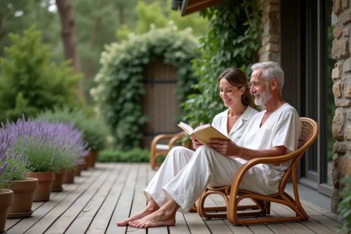 Couple lisant sur une terrasse en bois entourée de verdure, en tenue légère naturelle, symbolisant la détente et le bien-être du mode de vie naturiste à domicile