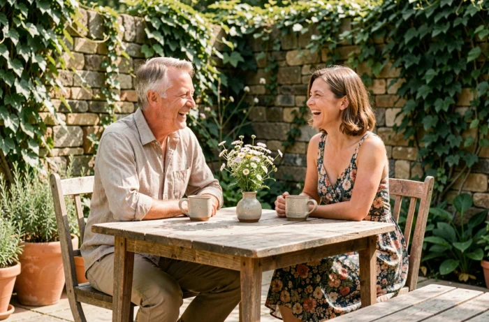 Couple souriant assis à une table en bois sur une terrasse de jardin rustique, ambiance chaleureuse et détendue