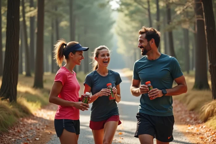 Groupe de coureurs partageant des gels énergétiques et de l'eau sur un sentier forestier pendant un entraînement d'endurance