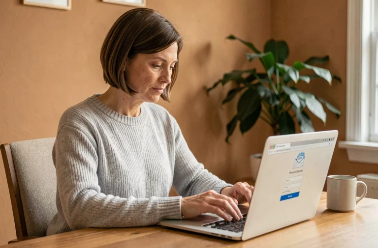 Femme utilisant un ordinateur portable pour créer un compte mail Wanadoo depuis son bureau à domicile